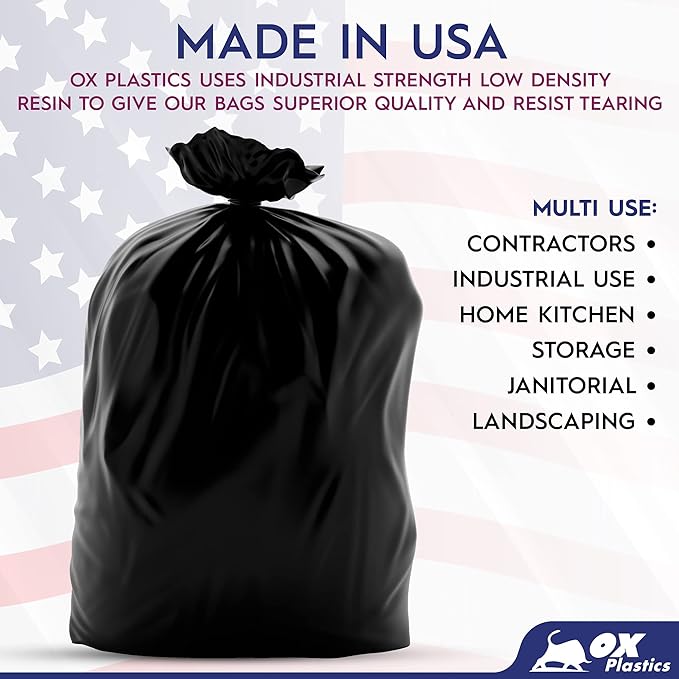 Ox Plastics Trash Can Liners Bags - 60 Gallon Capacity & 2mil Thick Extra Heavy Duty Strength - Large Garbage, Leak-Proof & Durable, House & Commercial Use Bags Black - 25 Count