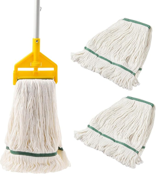 Commercial Mop Heavy Duty Industrial Mop with Long Handle,59" Looped-End String Wet Cotton Mops for Floor Cleaning, Including Three mop Head Replacement