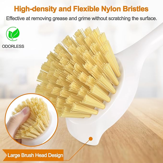 Dish Brush, Large Scrub Brush with Bamboo Handle Kitchen Brushes Built-in Scraper for Cleaning Pot, Sink, Stove Skillet, Pans and Grill Pan - 2 Pack