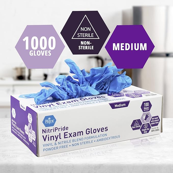 MED PRIDE Disposable Multipurpose Hand Protection Nitrile-Vinyl Blend Exam Gloves, Medium 100 - Powder, Latex & Rubber Free - Single Use Non-Sterile Protective Gloves