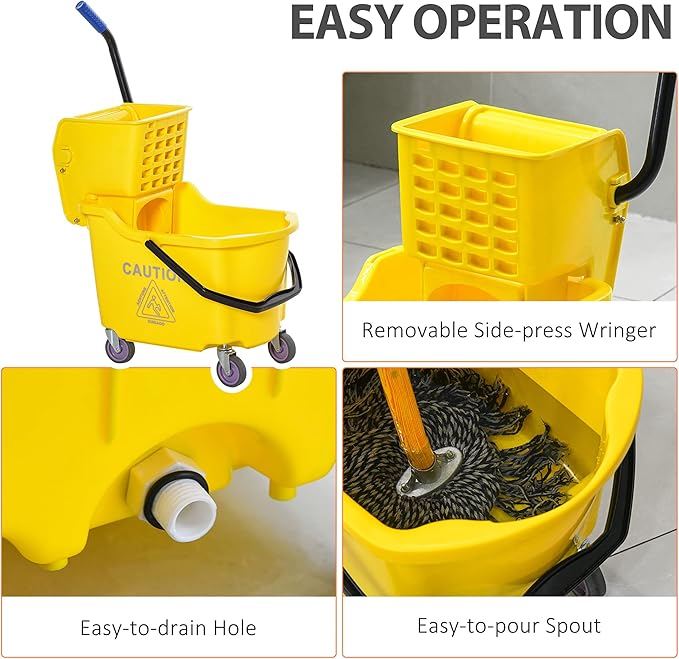 HOMCOM Mop Bucket Cart with Side Press Wringer, Metal Handle and 34 Quart Capacity, Yellow