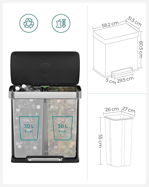 SONGMICS Kitchen Trash Can, 16 Gallon (2 x 8 Gallon) Dual Compartment Garbage Can, 60L Pedal Recycling Bin, Stays Open and Soft Close, Stainless Steel, 15 Bags Included, Metallic Silver ULTB202E01