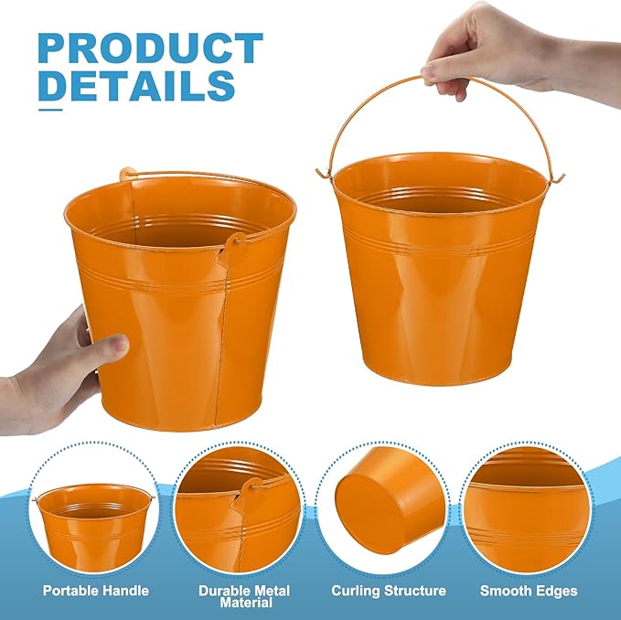 PATIKIL 7"x6.4" Small Metal Buckets with Handle, 6 Pcs Mini Galvanized Bucket Colorful Easter Buckets for Crafts Party Favors Decoration, Orange