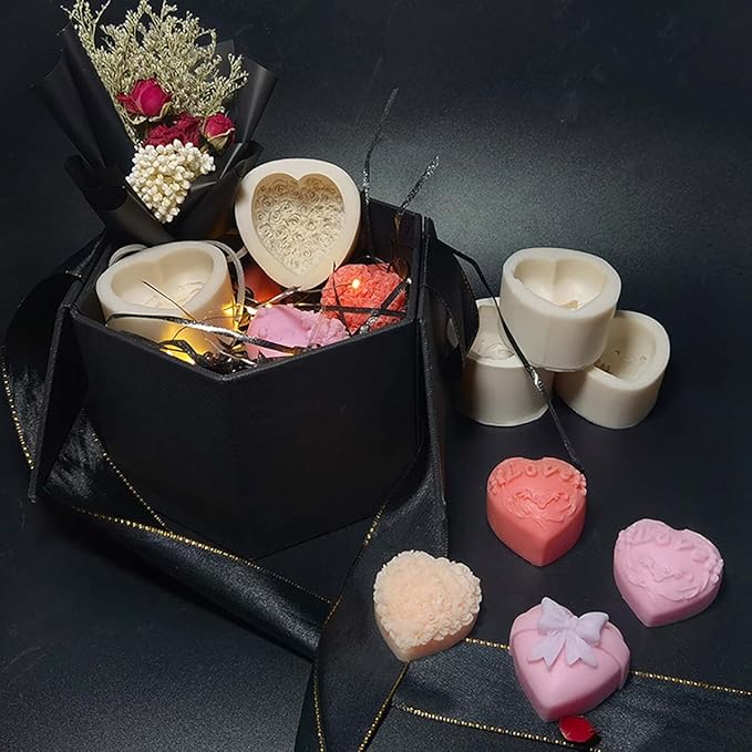 4 Pack Heart Resin Rose Flower Silicone Mold for Candle, Cake, Soap, Candy - Round Shape