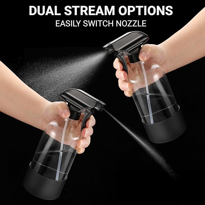 3 Pcs 16oz Empty Glass Spray Bottle with Black Silicone Sleeve Protection - Refillable Boston Round Containers with Adjustable Nozzle for Cleaning Solutions, Essential Oils, Misting Plants, Gardening