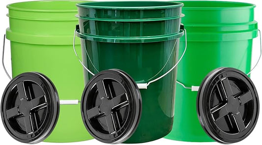 House Naturals 5 Gallon Plastic Green Bucket with Screw on Lid, Food Grade containers, Made in USA pails, Pack of 3