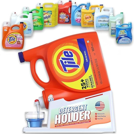 TidyFriend Liquid Laundry Detergent Holder Stand with Drip Tray & Rubber-Grip Feet, Stand for Laundry Room Organization and Storage, Fabric Softener Dispenser with Cup Holder for Easy Pouring (White)