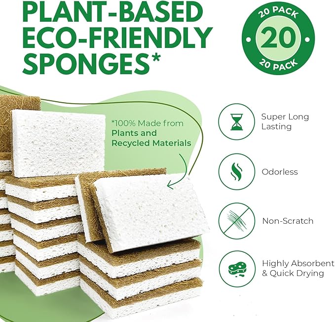 Natural Kitchen Sponges Pack of 20 - Biodegradable Cellulose and Coconut Husk Walnut Scrubbers - Odor Free Non Scratch - Eco Friendly Quick Drying Dishwashing Sponges