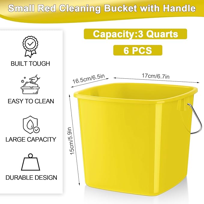 Zhehao 6 Pcs 3 Quart Cleaning Bucket Small Detergent Square Bucket Sanitizing Plastic Pail with Handles Square Cleaning Pail for Home, Offices, School, Commercial Use, Food Service (Yellow)