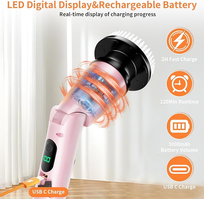11 in 1 Electric Spin Scrubber Cordless Cleaning Brush 3 Adjustable Angles 2 Adjustable Speeds LED Display Shower Cleaner Brush Supplies Extension Long Handle for Bathroom Floor Tile Toilet Waterproof