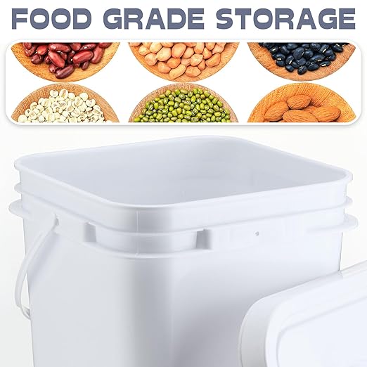 Vesici 12 Pcs 5 Gallon Square Bucket Pail with Plastic Handle and Lid Heavy Duty Storage Food Container with DIY Label Sticker for Food Multipurpose Paint Water Crafts Project (White)