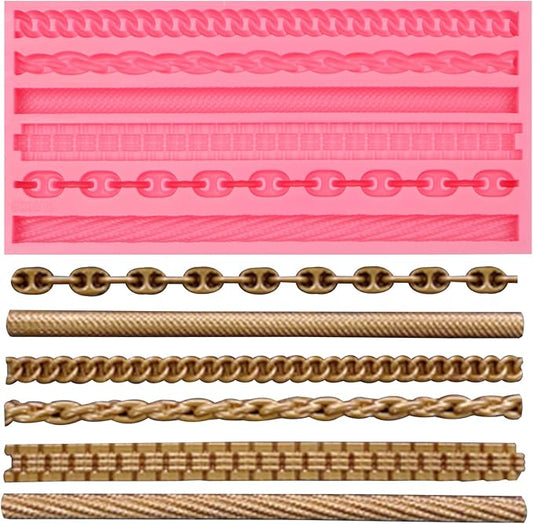 Chain and Rope Pattern Silicone Mold, 6 Designs, Pink Fondant Decorating Tool
