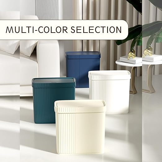 UUJOLY Small Bathroom Trash Can with Lid Slim Wastebasket Garbage Can Plastic Container Basket Trash Bin for Kitchen, Laundry Room, Office, Kids Room, Dorm, Beige, 3.2 Gallon