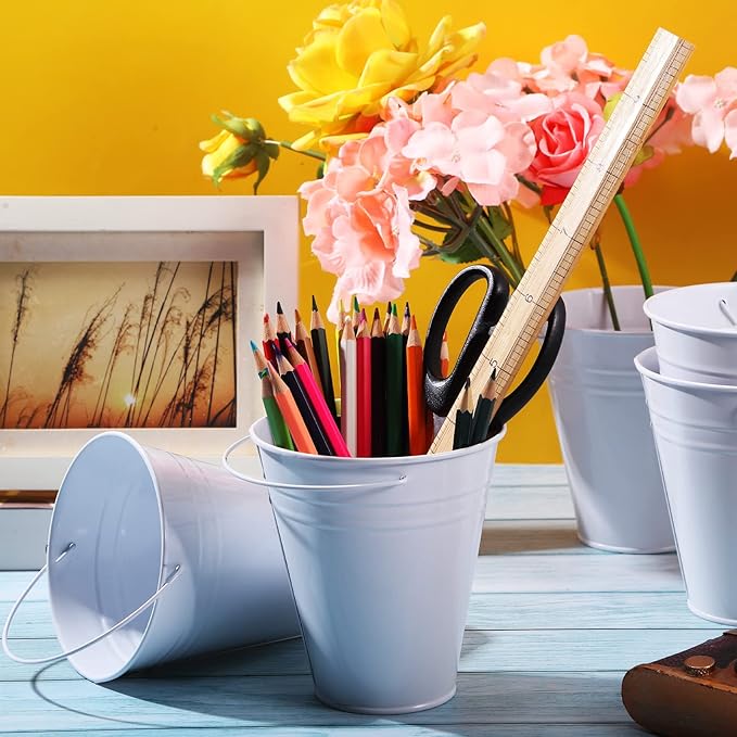 Sadnyy 6 Pack Galvanized Bucket, 5" Metal Bucket with Handles, Metal Buckets and Pails, Kids Party Supplies, Toy Container Table Centerpiece Decoration(White)