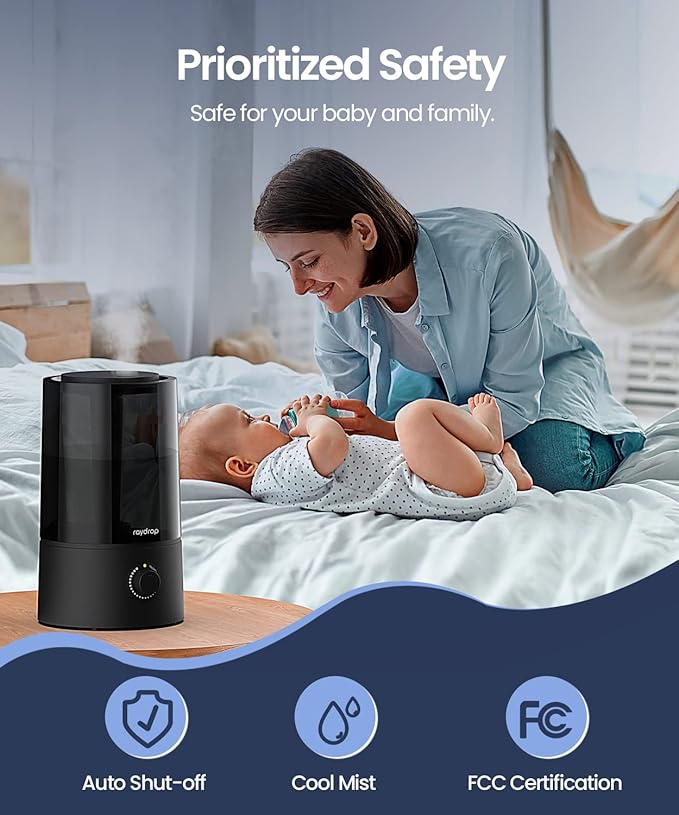 raydrop Humidifiers for Bedroom, Humidifiers for Home & Large Room, Cool Mist Humidfiers for Baby and Plant, Adjustable Mist Level, Auto Shut-Off, Black, 4.0L