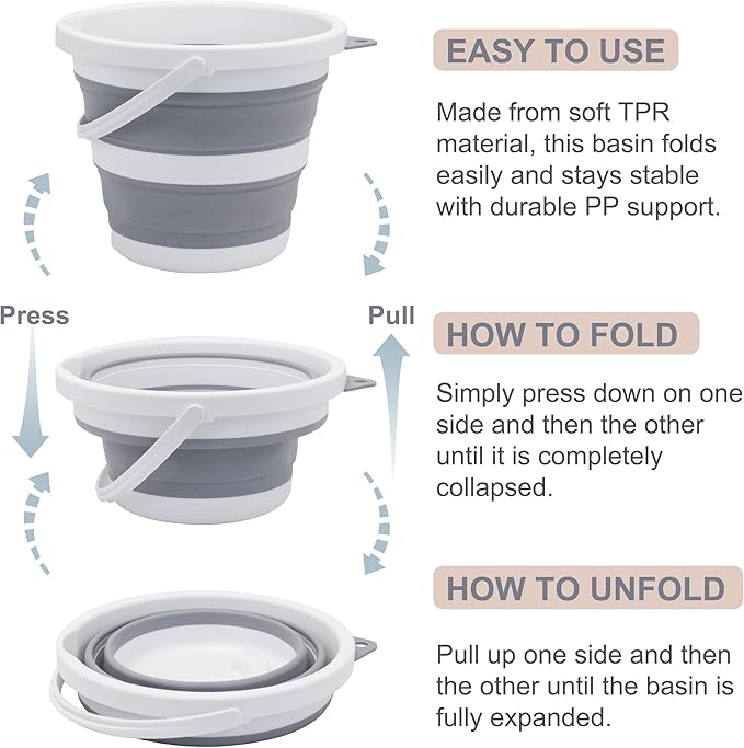 2-Pack Small Collapsible Bucket 1.3 Gal/5L, BPA-Free - Space-Efficient, Portable Foldable Water Pail for Household, Outdoor Use, Car Wash, Camping, Fishing - Grey