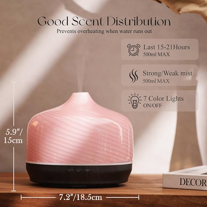 Porseme 500ml Glass Essential Oil Diffuser Aromatherapy Ultrasonic Cool Mist Humidifier 15-21 Running Hours Waterless Auto-Off Air Diffusers for Sleeping Yoga Office Working Spa and Rest (Pure Pink)