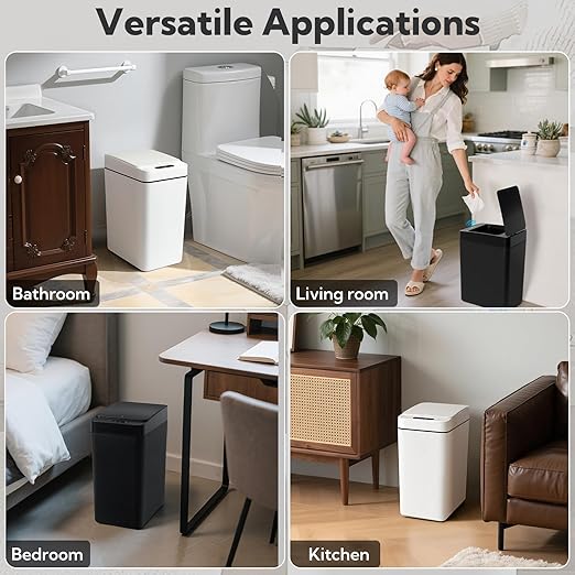 2 Pack Automatic Trash Can Touchless with Lid – 2.5 Gallon Slim Bathroom Trash can，Ideal for Kitchen, Bedroom, Living Room & Office (Black + White)