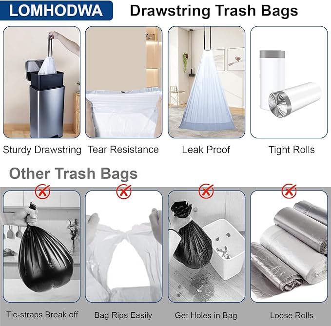 Drawstring Trash Bags for 8-Gallon (30L) Trash Cans, Kitchen Garbage Bags, Pre-Separated, 2 Rolls, 80 Count White Waste Basket Liners For Home Office Kitchen Bathroom Bedroom Pets Livingroom