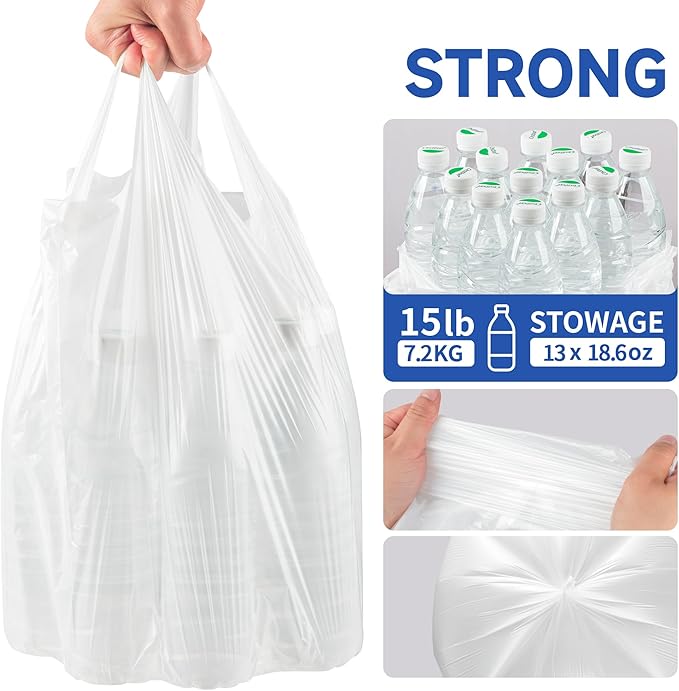 Small Trash Bags with Handles 2.6 Gallon 50 Count White - Ocean Plastic Upcycling - Plastic Garbage Bags, Can Bin & Waste Basket Liner for Kitchen, Bathroom, Office and Pets
