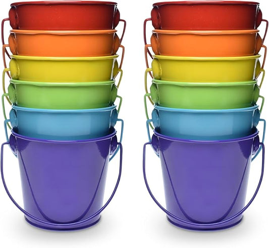 3.1" Galvanized Mini Tin Buckets – 12Pcs Rainbow Colors Metal Buckets with Handle, Ideal for Party Favors, Bridal Shower and Craft Projects (Multi-Colored, 3.1")