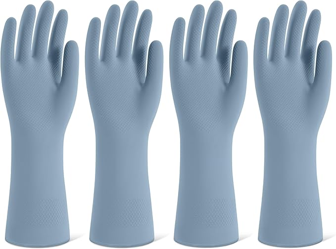 Rubber Cleaning Gloves for Dishwashing, 4 Pairs Reusable Kitchen Gloves for Washing Dishes and Household Cleaning, Blue Dish Gloves with Flocked Lining and Non-Slip Grip, Pefect for Woman Men - L