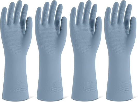 Rubber Cleaning Gloves for Dishwashing, 4 Pairs Reusable Kitchen Gloves for Washing Dishes and Household Cleaning, Blue Dish Gloves with Flocked Lining and Non-Slip Grip, Pefect for Woman Men - M