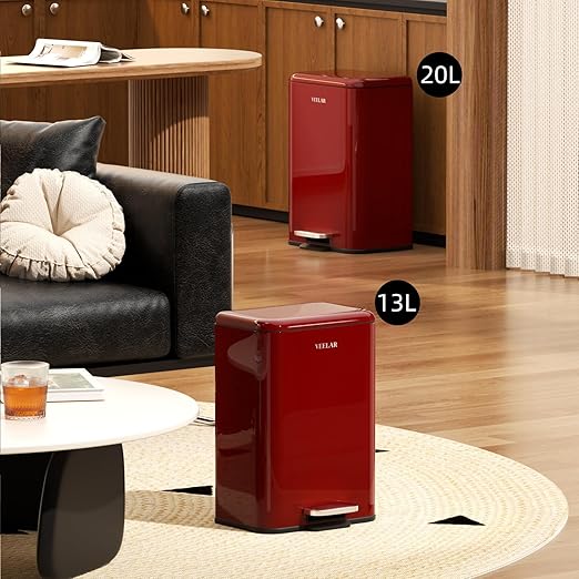 5 Gallon Bathroom Trash Can - Room Step Garbage Can with Lid, Stainless Steel Trash Bin for Kitchen Living Room Bedroom Commercial Restaurant Office (Red, 20Liter / 5.5Gallon)