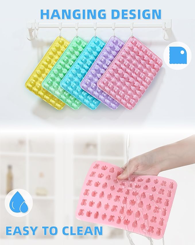 Mini Fruit Snack Molds Silicone, 5PCS Gummy Molds Trays with 2 Droppers 1 Clean Brush, Including Pineapple, Cherry, Grape, Banana, Apple Shape