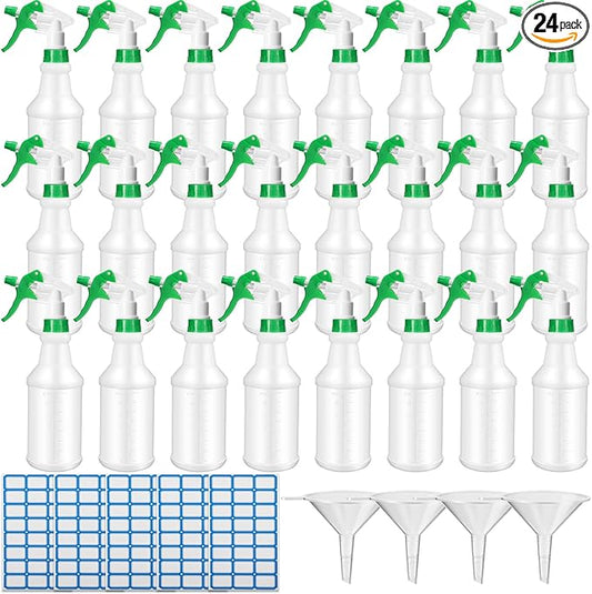 Zubebe 24 Pack 32 oz Plastic Spray Bottle Bulk Empty Leakproof Heavy Duty Spray Bottles for Cleaning Supplies Mist Bottles with Label and Adjustable Nozzle for Plant(Green,Clear Scale)