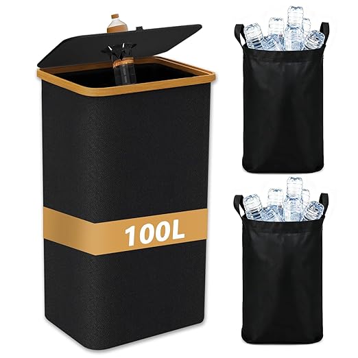 Recycling Bin for Kitchen 26 Gallon, 100L Large Recycle Bins with Bamboo lid, 2 Removeable Reusable Inner Bags, Foldable Kitchen Trash Can for Recycling Bottle Glass Waste Plastics, Black