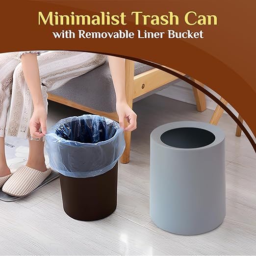 2 Pack Round Modern Trash Can Bedroom, 3Gal/12L Bathroom Trash Can Hidden Bag, Open Top Trash Bin Round Plastic, Minimalist Grey Garbage Can with Inner Bucket (with 2 Handles) for Kitchen Office