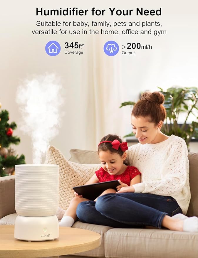 CLEVAST Smart Humidifier for Bedroom 3L, Top Fill Cool Mist, Essential Oil Diffuser, App & Voice Control, Works with Alexa & Google Assistant, Quiet, Auto Shut-Off, Baby Nursery Home Office Large Room