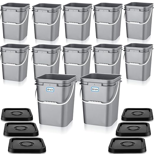 Vesici 12 Pcs 5 Gallon Square Bucket Pail with Plastic Handle and Lid Heavy Duty Storage Food Container with DIY Label Sticker for Food Multipurpose Paint Water Crafts Project(Gray)