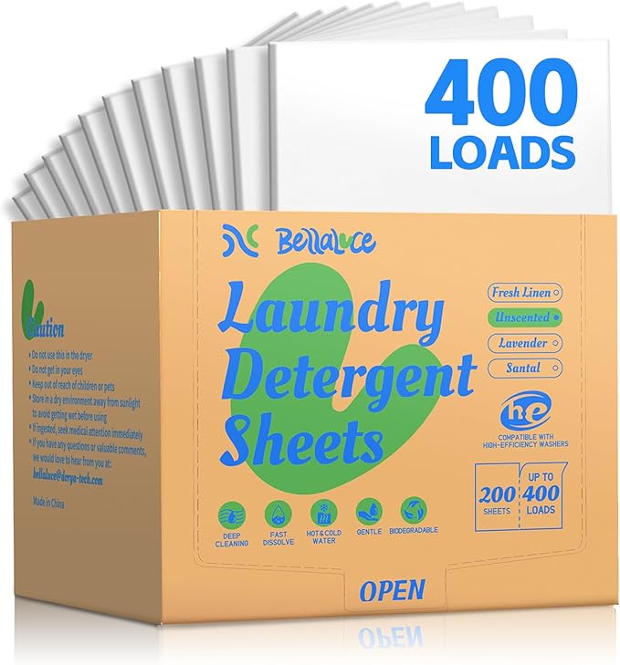 Laundry Detergent Sheets - 400 Loads Unscented Gentle on Sensitive Skin, Laundry Sheets for Dorm,College,Home, Hotel,Apartment,Camping,Ruise,Road Trip,Small Space, Family School Travel Essentials