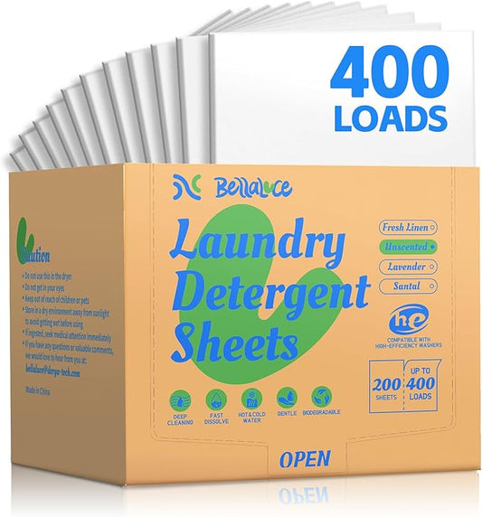 Laundry Detergent Sheets - 400 Loads Unscented Gentle on Sensitive Skin, Laundry Sheets for Dorm,College,Home, Hotel,Apartment,Camping,Ruise,Road Trip,Small Space, Family School Travel Essentials