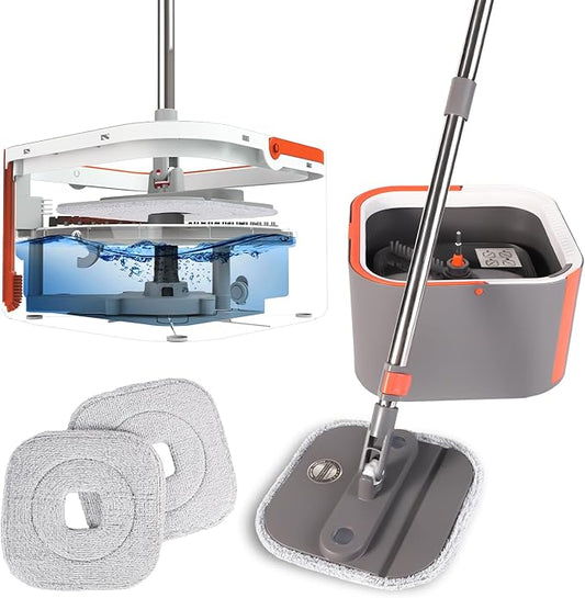 Spin Mop and Bucket Set, 360 ° Rotating Floor Mop with Separation Dirty and Clean Water System, Square Floor Cleaner for Mopping with Handle, Cleaning Brush and 2 Washable Ultra-fine Fiber Pads