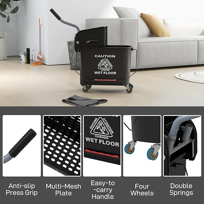 HOMCOM Compact Mop Bucket with Wringer on Wheels for Floor Cleaning, 21 Quart, Separate Dirty and Clean Water, for Home, Apartment, Black