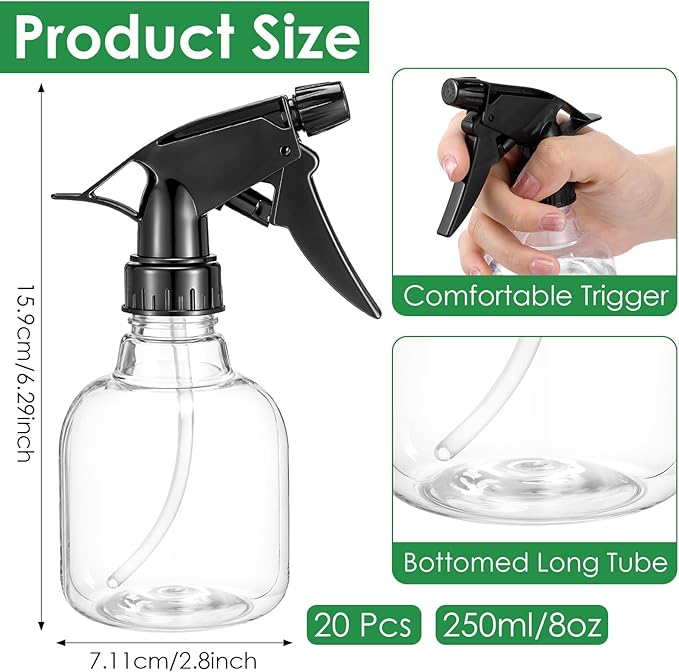 20 Pcs Empty Plastic Spray Bottle, 8 OZ Spray Bottles with Adjustable Head Sprayer from Fine to Stream - Refillable Sprayer for Water, Kitchen, Bath, Beauty, Hair and Cleaning