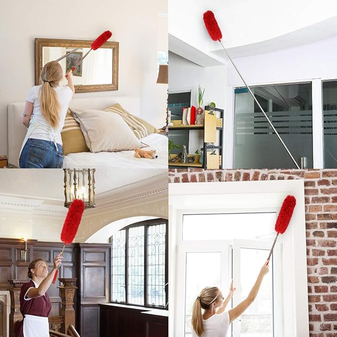 DELUX Microfiber Feather Duster Extendable Cobweb Duster with 100 inches Extra Long Pole, Bendable Head & Scratch-Resistant Hat for Cleaning Ceiling Fan, High Ceiling, Blinds, Furniture & Cars Red