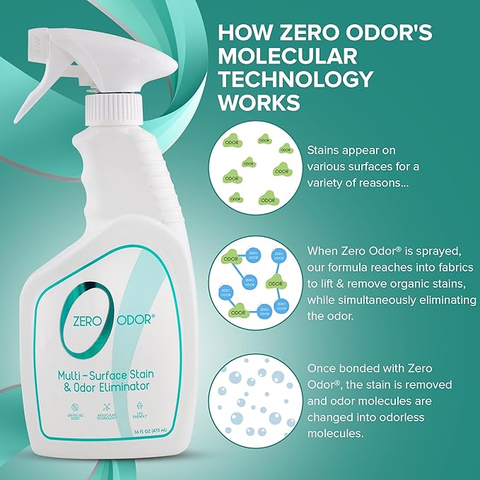 Zero Odor – Multi-Surface Stain Remover & Odor Eliminator - Remove Stains and Odor Patented Molecular Technology Best for Carpet, Rug, Linens, Furniture, Floors, 16oz