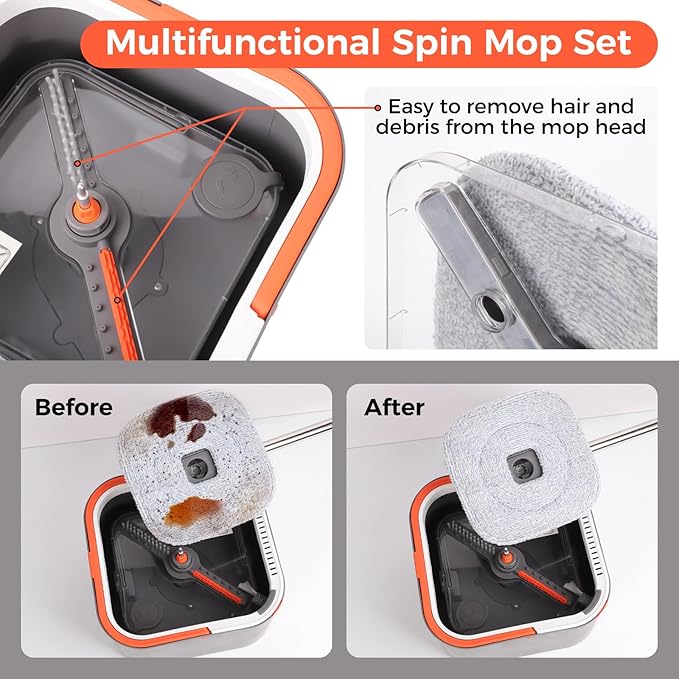 Spin Mop and Bucket Set, 360 ° Rotating Floor Mop with Separation Dirty and Clean Water System, Square Floor Cleaner for Mopping with Handle, Cleaning Brush and 2 Washable Ultra-fine Fiber Pads