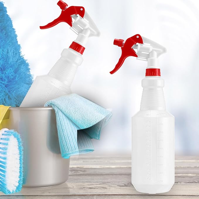 Zubebe 24 Pack 32 oz Plastic Spray Bottle Bulk Empty Leakproof Heavy Duty Spray Bottles for Cleaning Supplies Mist Bottles with Label and Adjustable Nozzle for Plant(Red, White,Clear Scale)