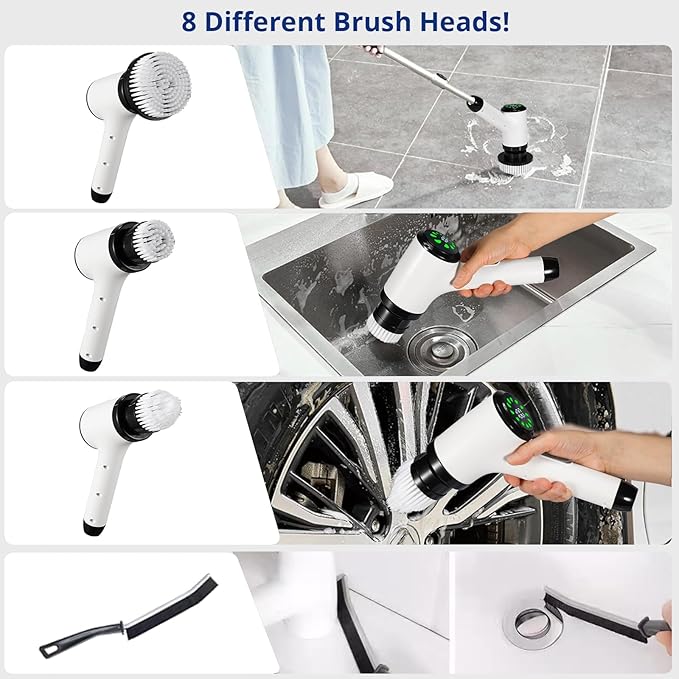 Electric Spin Scrubber for Cleaning-2 Adjustable Speeds,8 Cleaning Brushes,Cordless Cleaning Tools, Shower Scrubber with Long Handle,Power Scrubbers for Cleaning Bathroom, Tile Tub