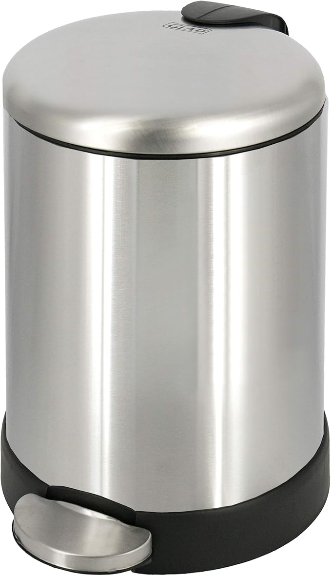 GLAD Small Trash Can, 1.2 Gallon | Round Stainless Steel Garbage Bin with Soft Close Lid & Step Foot Pedal | Metal Waste Basket with Removable Inner Bucket, Stainless