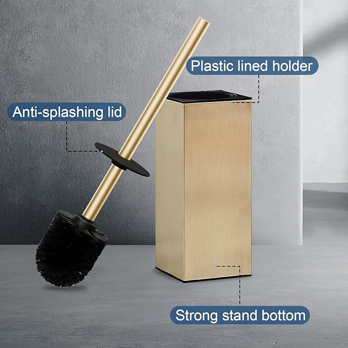 Toilet Brush and Holder Set, NEWRAIN Stainless Steel Toilet Brush with Long Brush Handle, Brushed Gold Toilet Scrubber and Covered Holder, Square Design Sturdy and Space Saving, Covered Brush