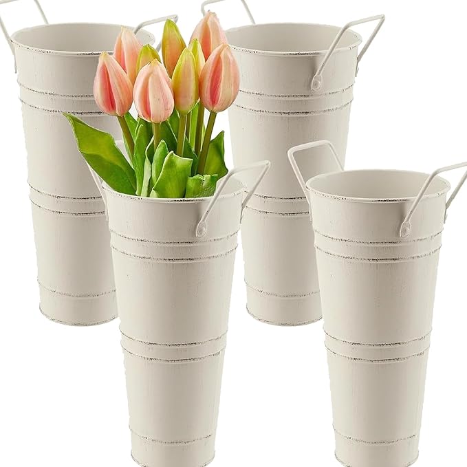 4 Pack 9 Inch Tall Galvanized Flower Bucket, Beige Farmhouse French Flower Bucket with Handle, Rustic Buckets Vintage Metal Vases for Flower, Centerpieces, Floral Wedding Arrangements