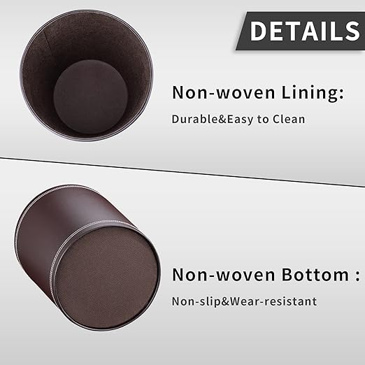 Pu Leather Trash Can for Bedroom, 2.6 Gallon Wastebasket for Office, Small Bathroom Garbage Cans for Home Decorative, Round Waste Basket Bin for Dorm Kitchen Brown