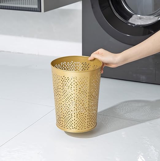Small Gold Metal Trash Can Wastebasket, Decorative Hollow-Out Garbage Can Waste Paper Bin, Modern Farmhouse Round Trash Bin for Bathroom, Bedroom, Kitchen and Office (Floral)