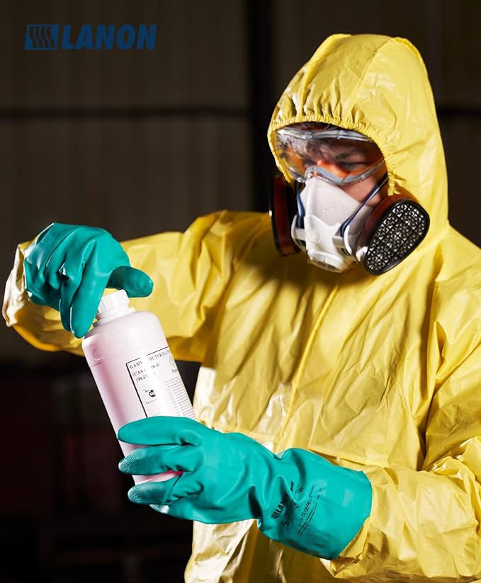 LANON 3 Pairs Nitrile Chemical Resistant Gloves, Reusable Heavy-Duty Rubber Gloves, Acid, Alkali & Oil Protection, Non-Slip, XL